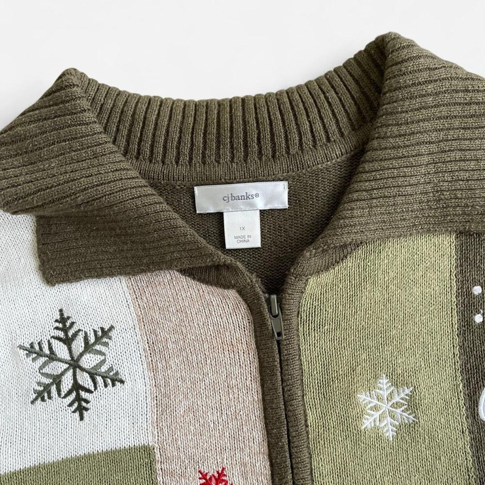 CJ Banks Green & Tan Tone Knit Embroidered Christmas Winter Snowman Sweater Vest - Picture 3 of 8